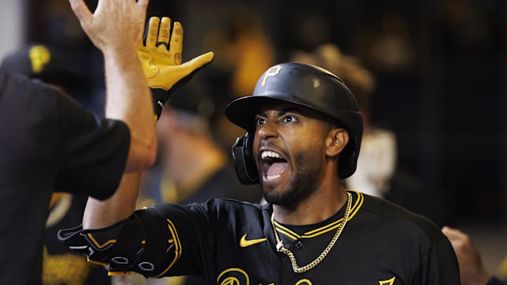 Aug 4, 2023; Milwaukee, Wisconsin, USA;  Pittsburgh Pirates left fielder Josh Palacios (54) celebrates after hitting a home run during the sixth inning against the Milwaukee Brewers at American Family Field. Mandatory Credit: Jeff Hanisch-Imagn Images