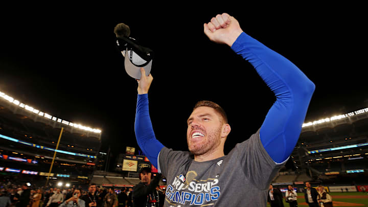 Los Angeles Dodgers first baseman Freddie Freeman (5) celebrates after the Los Angeles Dodgers beat the New York Yankees in game four to win the 2024 MLB World Series at Yankee Stadium. Los Angeles Dodgers first baseman Freddie Freeman (5) celebrates after the Los Angeles Dodgers beat the New York Yankees in game four to win the 2024 MLB World Series at Yankee Stadium.