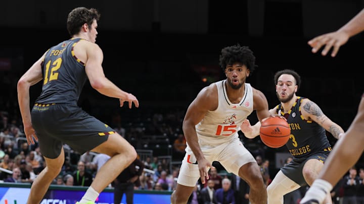 Mar 6, 2024; Coral Gables, Florida, USA; Miami Hurricanes forward Norchad Omier (15) drives to the