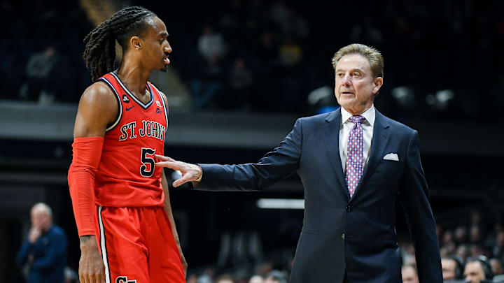 Feb 28, 2024; Indianapolis, Indiana, USA;  St. John's Red Storm guard Daniss Jenkins (5) talks with
