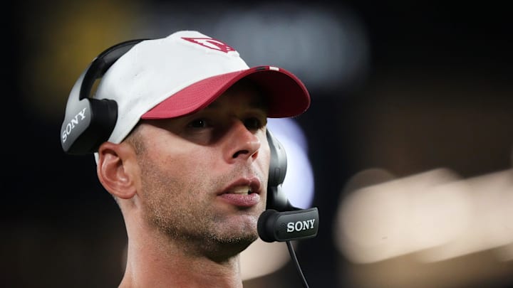 Arizona Cardinals head coach Jonathan Gannon watches from the sidelines as they play against the Las Vegas Raiders at State Farm Stadium in Glendale, on Aug. 23, 2025.