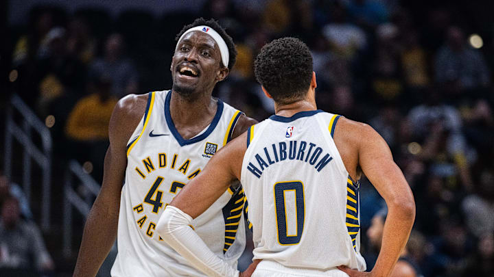 Nov 6, 2024; Indianapolis, Indiana, USA; Indiana Pacers forward Pascal Siakam (43) and Indiana Pacers guard Tyrese Haliburton (0)  in the second half against the Orlando Magic at Gainbridge Fieldhouse. Mandatory Credit: Trevor Ruszkowski-Imagn Images
