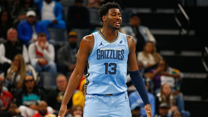Nov 29, 2024; Memphis, Tennessee, USA; Memphis Grizzlies forward Jaren Jackson Jr. (13) reacts during the second quarter against the New Orleans Pelicans at FedExForum. Mandatory Credit: Petre Thomas-Imagn Images