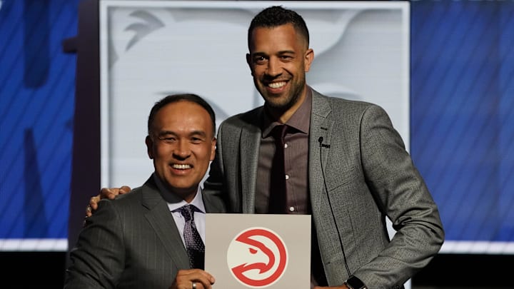 May 12, 2024; Chicago, IL, USA; Atlanta Hawks general manager Landry Fields (right) and Mark Tatum
Deputy commissioner of the NBA after the Hawks get the number one pick in the 2024 NBA Draft Lottery at McCormick Place West. Mandatory Credit: David Banks-USA TODAY Sports