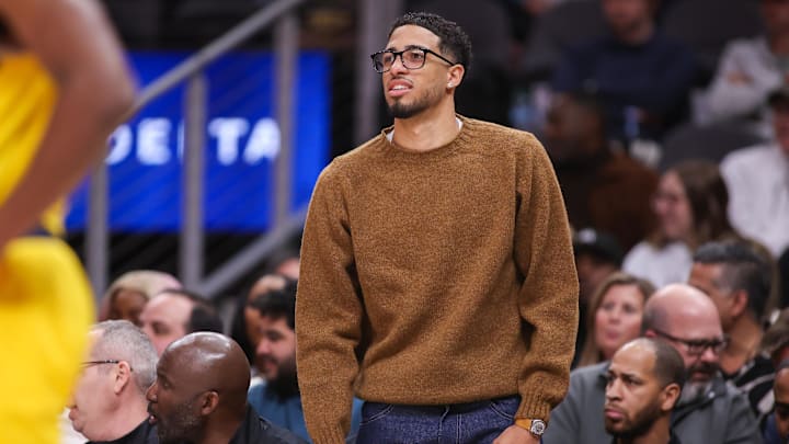 Mar 6, 2025; Atlanta, Georgia, USA; Indiana Pacers guard Tyrese Haliburton (0) on the sideline against the Atlanta Hawks in the second quarter at State Farm Arena. Mandatory Credit: Brett Davis-Imagn Images