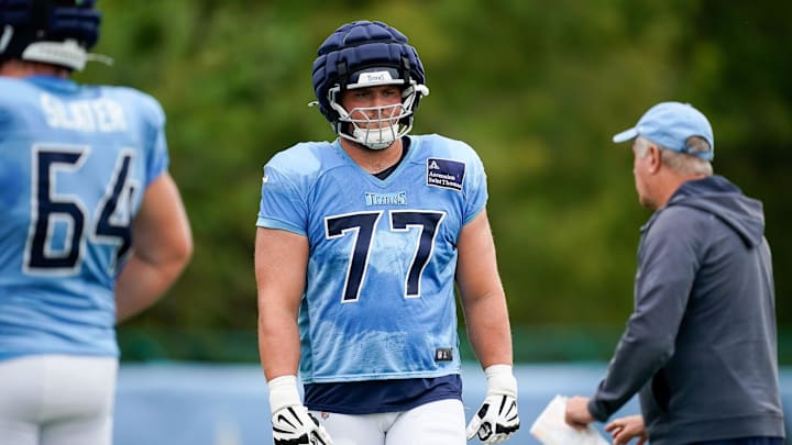 Tennessee Titans offensive tackle Peter Skoronski prepares for a drill during an NFL football training camp practice.