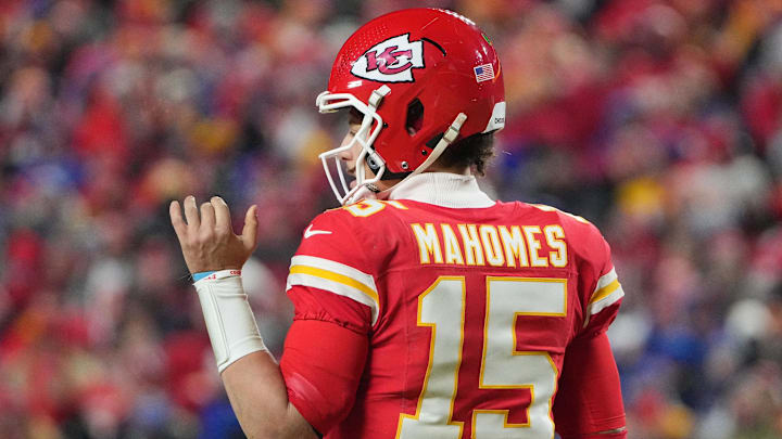 Jan 26, 2025; Kansas City, MO, USA; Kansas City Chiefs quarterback Patrick Mahomes (15) reacts after scoring a touchdown against the Buffalo Bills during the second half in the AFC Championship game at GEHA Field at Arrowhead Stadium. Mandatory Credit: Denny Medley-Imagn Images Jan 26, 2025; Kansas City, MO, USA; Kansas City Chiefs quarterback Patrick Mahomes (15) reacts after scoring a touchdown against the Buffalo Bills during the second half in the AFC Championship game at GEHA Field at Arrowhead Stadium. Mandatory Credit: Denny Medley-Imagn Images