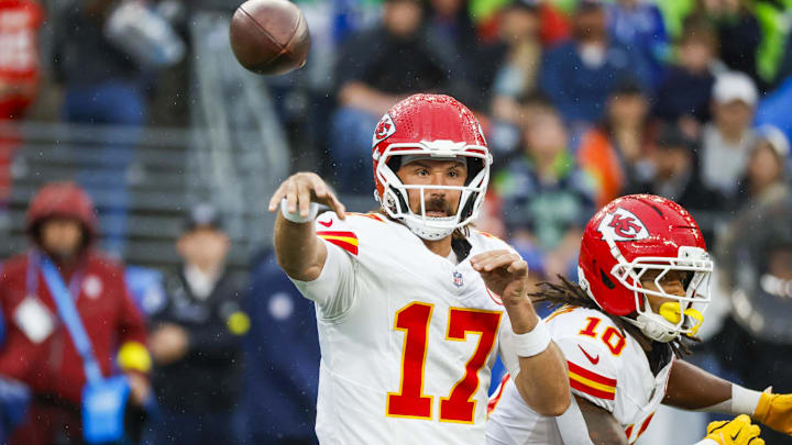 Aug 15, 2025; Seattle, Washington, USA; Kansas City Chiefs quarterback Gardner Minshew (17) attempts a pass against the Seattle Seahawks during the first quarter at Lumen Field. Mandatory Credit: Joe Nicholson-Imagn Images