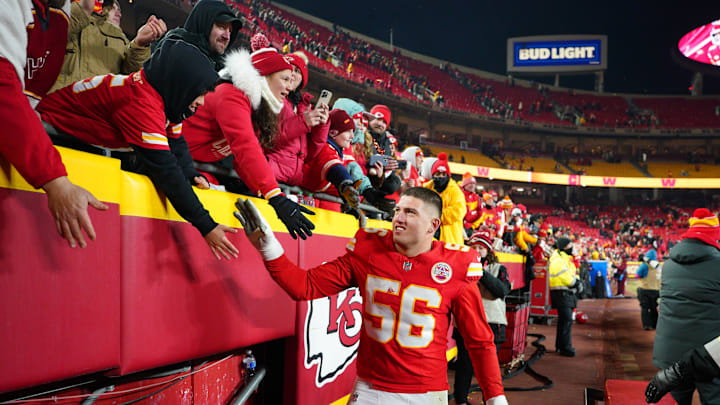 Jan 18, 2025; Kansas City, Missouri, USA; Kansas City Chiefs defensive end George Karlaftis (56) shakes hands with fans after defeating the Houston Texans in a 2025 AFC divisional round game at GEHA Field at Arrowhead Stadium. Mandatory Credit: Denny Medley-Imagn Images Jan 18, 2025; Kansas City, Missouri, USA; Kansas City Chiefs defensive end George Karlaftis (56) shakes hands with fans after defeating the Houston Texans in a 2025 AFC divisional round game at GEHA Field at Arrowhead Stadium. Mandatory Credit: Denny Medley-Imagn Images