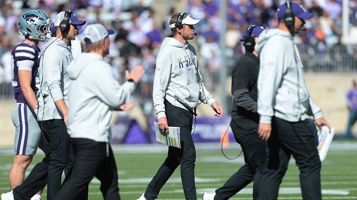 Kansas State Wildcats head coach Collin Klein walks out with staff during the Sunflower Showdown game against Kansas Jayhawks at Bill Snyder Family Stadium in Manhattan, Kansas on Oct. 17, 2026. Kansas State Wildcats head coach Collin Klein walks out with staff during the Sunflower Showdown game against Kansas Jayhawks at Bill Snyder Family Stadium in Manhattan, Kansas on Oct. 17, 2026.