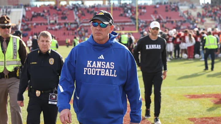 Nov 22, 2025; Ames, Iowa, USA; Kansas Jayhawks head coach Lance Leipold walks off the field after losing to the Iowa State Cyclones at Jack Trice Stadium. Mandatory Credit: Reese Strickland-Imagn Images Nov 22, 2025; Ames, Iowa, USA; Kansas Jayhawks head coach Lance Leipold walks off the field after losing to the Iowa State Cyclones at Jack Trice Stadium. Mandatory Credit: Reese Strickland-Imagn Images