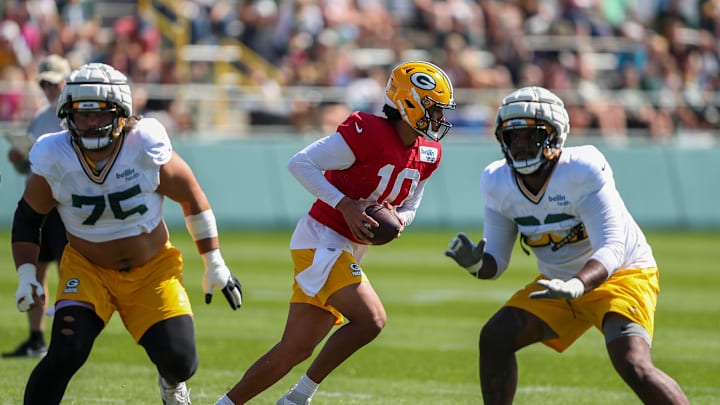 Green Bay Packers quarterback Jordan Love (10) runs through a drill during practice on Tuesday, August 20, 2024, at Ray Nitschke Field in Ashwaubenon, Wis. 
Tork Mason/USA TODAY NETWORK-Wisconsin