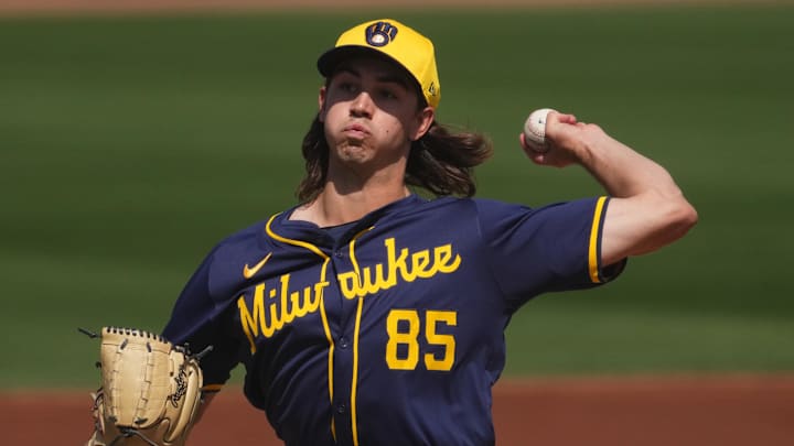 Mar 14, 2024; Peoria, Arizona, USA; Milwaukee Brewers starting pitcher Robert Gasser pitches against