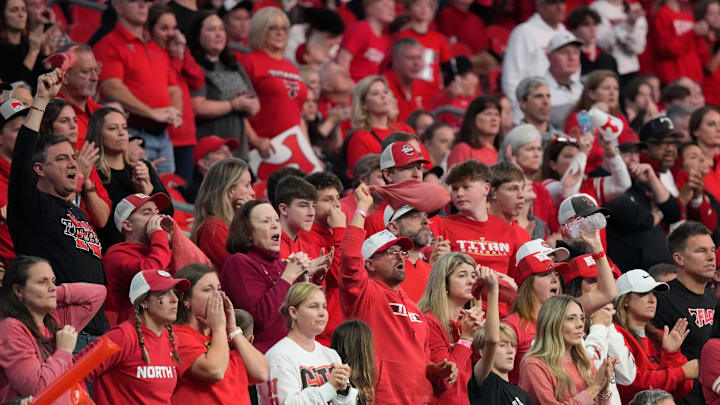 North Oconee fans root on their team during the GHSA Division 4A Football State Championship game in Atlanta, on Monday, Dec. 16, 2024.