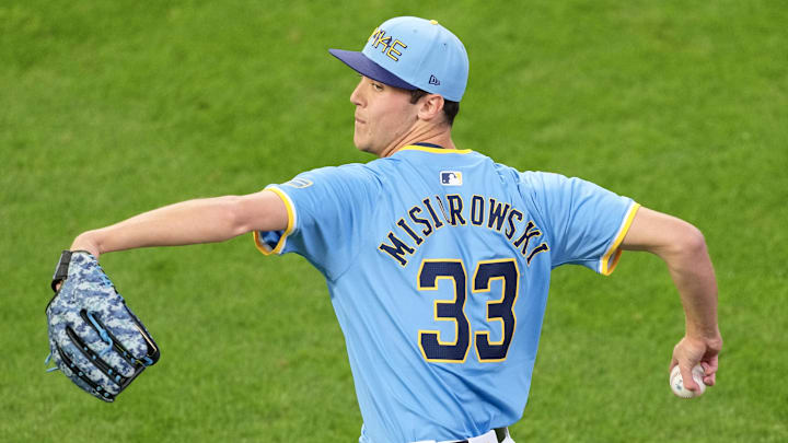 Jun 12, 2025; Milwaukee, Wisconsin, USA;  Milwaukee Brewers pitcher Jacob Misiorowski (33) warms up prior to the game against the St. Louis Cardinals at American Family Field. Mandatory Credit: Jeff Hanisch-Imagn Images