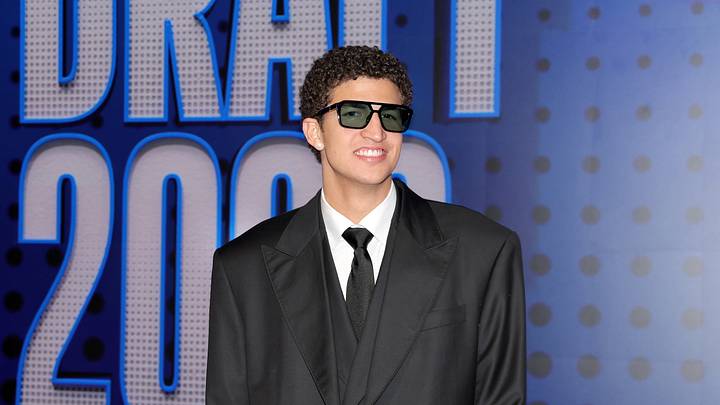 Jun 23, 2026; New York, NY, USA; Draft prospect Karim Lopez poses for photos on the red carpet before the 2026 NBA draft at Barclays Center. Mandatory Credit: Brad Penner-Imagn Images