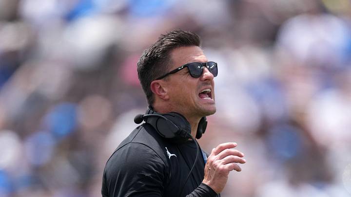 May 2, 2026; Pasadena, CA, USA; UCLA Bruins coach Bob Chesney reacts during the spring game at Rose Bowl. Mandatory Credit: Kirby Lee-Imagn Images