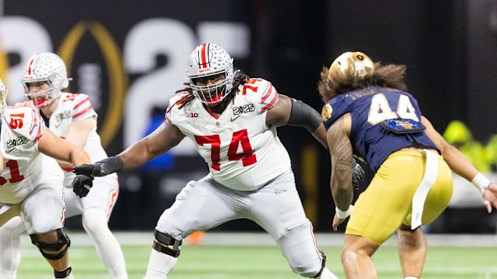 Jan 20, 2025; Atlanta, GA, USA; Ohio State Buckeyes offensive lineman Donovan Jackson (74) against the Notre Dame Fighting Irish during the CFP National Championship college football game at Mercedes-Benz Stadium. Mandatory Credit: Mark J. Rebilas-Imagn Images