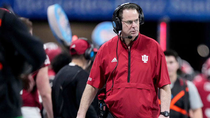 Indiana Hoosiers head coach Curt Cignetti walks the sideline Friday, Jan. 9, 2026, during the Peach Bowl and semifinal game of the College Football Playoff against the Oregon Ducks at Mercedes-Benz Stadium in Atlanta. Indiana Hoosiers head coach Curt Cignetti walks the sideline Friday, Jan. 9, 2026, during the Peach Bowl and semifinal game of the College Football Playoff against the Oregon Ducks at Mercedes-Benz Stadium in Atlanta.