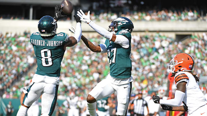 Oct 13, 2024; Philadelphia, Pennsylvania, USA; Philadelphia Eagles safety C.J. Gardner-Johnson (8) and cornerback Quinyon Mitchell (27) break up pass in the end zone for Cleveland Browns wide receiver Jerry Jeudy (3) during the second quarter at Lincoln Financial Field. Mandatory Credit: Eric Hartline-Imagn Images Oct 13, 2024; Philadelphia, Pennsylvania, USA; Philadelphia Eagles safety C.J. Gardner-Johnson (8) and cornerback Quinyon Mitchell (27) break up pass in the end zone for Cleveland Browns wide receiver Jerry Jeudy (3) during the second quarter at Lincoln Financial Field. Mandatory Credit: Eric Hartline-Imagn Images