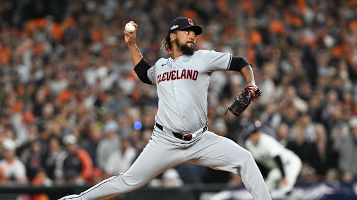 Cleveland Guardians relief pitcher Emmanuel Clase (48) pitches in the in the eighth inning against the Detroit Tigers during game four of the ALDS for the 2024 MLB Playoffs at Comerica Park on Oct 10.