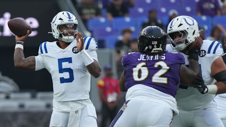 Aug 7, 2025; Baltimore, Maryland, USA; Indianapolis Colts quarterback Anthony Richardson Sr. (5) looks to pass during the first quarter pressured by Baltimore Ravens nose tackle John Jenkins (62) at M&T Bank Stadium. Mandatory Credit: Mitch Stringer-Imagn Images Aug 7, 2025; Baltimore, Maryland, USA; Indianapolis Colts quarterback Anthony Richardson Sr. (5) looks to pass during the first quarter pressured by Baltimore Ravens nose tackle John Jenkins (62) at M&T Bank Stadium. Mandatory Credit: Mitch Stringer-Imagn Images