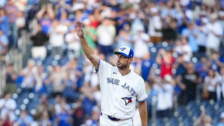 Jun 10, 2026; Toronto, Ontario, CAN;  Toronto Blue Jays pitcher Max Scherzer (31) celebrates his career 3500th strike out against the Philadelphia Phillies during the first inning at Rogers Centre. Mandatory Credit: Kevin Sousa-Imagn Images