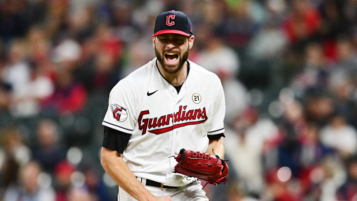 Sep 15, 2023; Cleveland, Ohio, USA; Cleveland Guardians starting pitcher Lucas Giolito (27) reacts