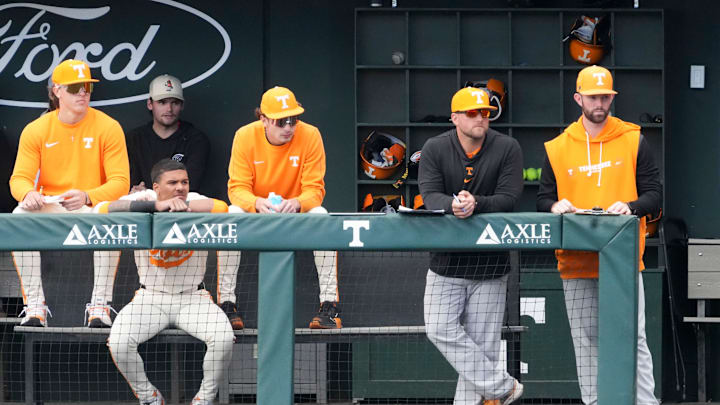 Tennessee baseball coach Josh Elander and camp coordinator Ethan Payne at Tennessee baseball’s Orange & White scrimmage at Lindsey Nelson Stadium on November 9, 2025, in Knoxville, Tenn.