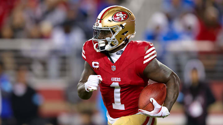 Dec 30, 2024; Santa Clara, California, USA; San Francisco 49ers wide receiver Deebo Samuel Sr. (1) during the game against the Detroit Lions at Levi's Stadium. Mandatory Credit: Sergio Estrada-Imagn Images