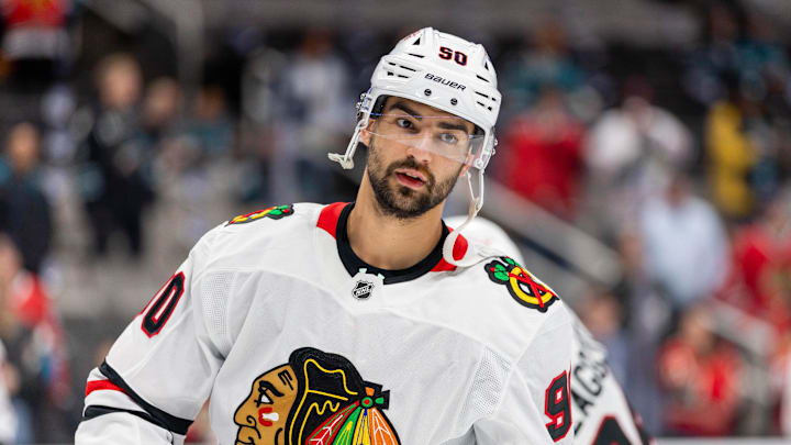 Mar 13, 2025; San Jose, California, USA; Chicago Blackhawks center Joe Veleno (90) warms up before the game against the San Jose Sharks at SAP Center at San Jose. Mandatory Credit: Bob Kupbens-Imagn Images