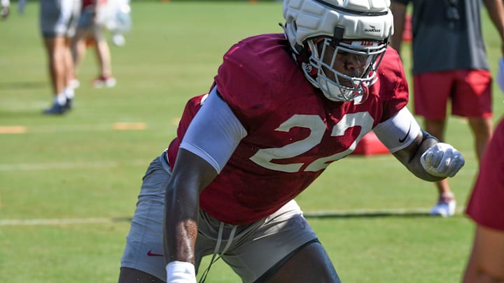 Alabama defensive lineman LT Overton (22) begins a drill.