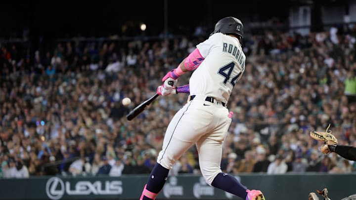 Seattle Mariners center fielder Julio Rodriguez (44) hits a two-RBI double against the New York Yankees during the third inning at T-Mobile Park on May 14.