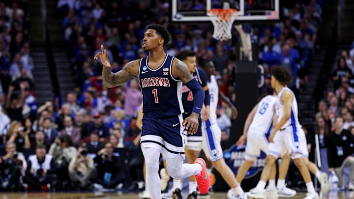 Mar 27, 2025; Newark, NJ, USA; Arizona Wildcats guard Caleb Love (1) celebrates after a play during the first half against the Duke Blue Devils during an East Regional semifinal of the 2025 NCAA tournament at Prudential Center. Mandatory Credit: Vincent Carchietta-Imagn Images
