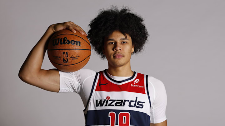 Sep 29, 2025; Washington, DC, USA; Washington Wizards forward Kyshawn George (18) poses for a portrait during Wizards Media Day at CareFirst Arena. Mandatory Credit: Geoff Burke-Imagn Images