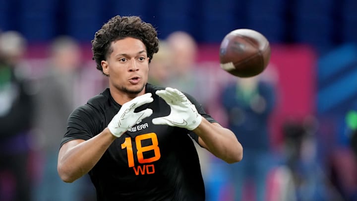 Mar 1, 2025; Indianapolis, IN, USA; Iowa State wideout Jayden Higgins (WO18) during the 2025 NFL Combine at Lucas Oil Stadium. Mandatory Credit: Kirby Lee-Imagn Images