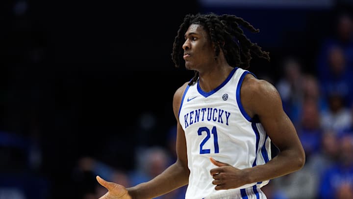 Kentucky Wildcats forward Jayden Quaintance (21) reacts during game sgainst the Missouri Tigers. Mandatory Credit: Jordan Prather-Imagn Images