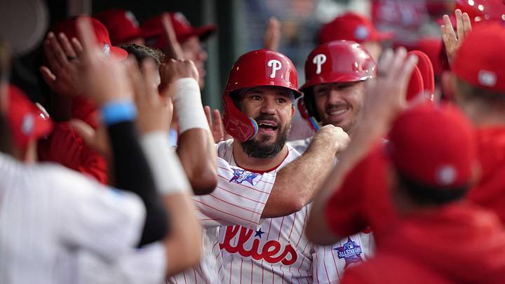 Jun 21, 2026; Philadelphia, Pennsylvania, USA; Philadelphia Phillies designated hitter Kyle Schwarber (12) celebrates with teammates after hitting a three-run home run against the New York Mets in the second inning at Citizens Bank Park. Mandatory Credit: Kyle Ross-Imagn Images Jun 21, 2026; Philadelphia, Pennsylvania, USA; Philadelphia Phillies designated hitter Kyle Schwarber (12) celebrates with teammates after hitting a three-run home run against the New York Mets in the second inning at Citizens Bank Park. Mandatory Credit: Kyle Ross-Imagn Images