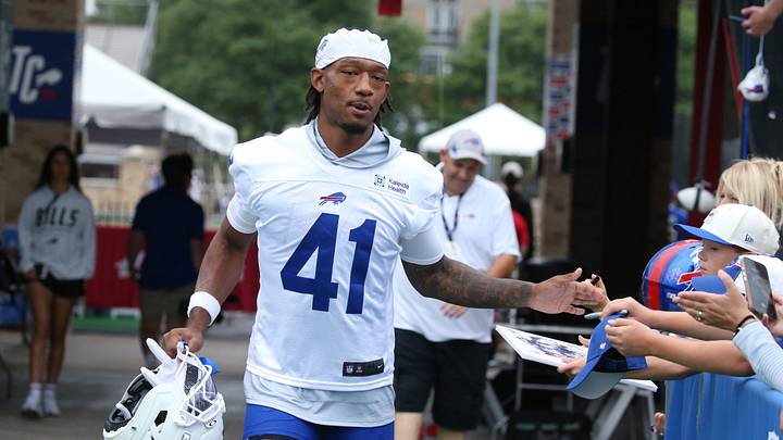 Bills defensive back Kani Walker high-fives fans as the takes the field during day two of Buffalo Bills training camp at St. John Fisher University Thursday, July 30, 2026 in Pittsford. Bills defensive back Kani Walker high-fives fans as the takes the field during day two of Buffalo Bills training camp at St. John Fisher University Thursday, July 30, 2026 in Pittsford.