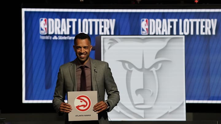 May 12, 2024; Chicago, IL, USA; Atlanta Hawks general manager Landry Fields after the Hawks get the number one pick in the 2024 NBA Draft Lottery at McCormick Place West. Mandatory Credit: David Banks-USA TODAY Sports May 12, 2024; Chicago, IL, USA; Atlanta Hawks general manager Landry Fields after the Hawks get the number one pick in the 2024 NBA Draft Lottery at McCormick Place West. Mandatory Credit: David Banks-USA TODAY Sports