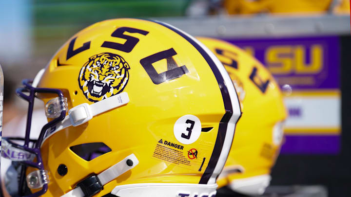 Oct 7, 2023; Columbia, Missouri, USA; A general view of a LSU Tigers helmet against the Missouri Tigers during the first half at Faurot Field at Memorial Stadium. Mandatory Credit: Denny Medley-Imagn Images