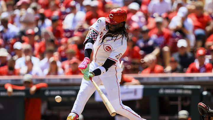 May 18, 2025; Cincinnati, Ohio, USA; Cincinnati Reds shortstop Elly De La Cruz (44) hits a single in the third inning against the Cleveland Guardians at Great American Ball Park. Mandatory Credit: Katie Stratman-Imagn Images