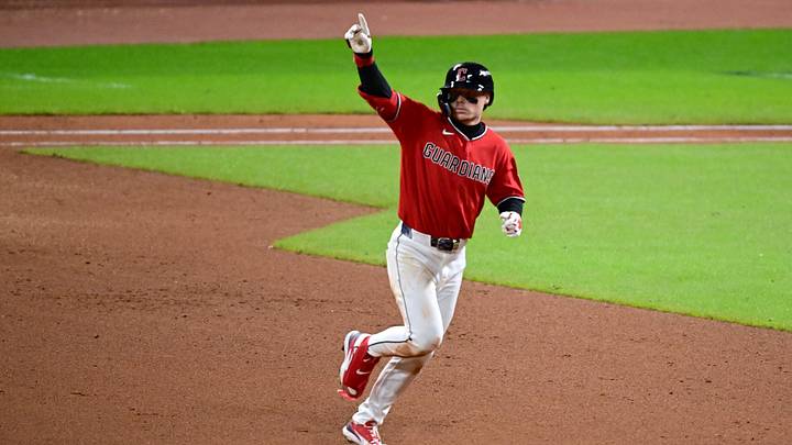 Oct 17, 2026; Cleveland, Ohio, USA; Cleveland Guardians infielder Travis Bazzana (37) acknowledges the bullpen and runs the bases after hitting a solo home run to right field against Tampa Bay Rays pitcher Ian Seymour (not pictured) during the seventh inning in game four of the ALCS for the 2026 MLB Playoffs at Progressive Field. Mandatory Credit: David Dermer-Imagn Images Oct 17, 2026; Cleveland, Ohio, USA; Cleveland Guardians infielder Travis Bazzana (37) acknowledges the bullpen and runs the bases after hitting a solo home run to right field against Tampa Bay Rays pitcher Ian Seymour (not pictured) during the seventh inning in game four of the ALCS for the 2026 MLB Playoffs at Progressive Field. Mandatory Credit: David Dermer-Imagn Images