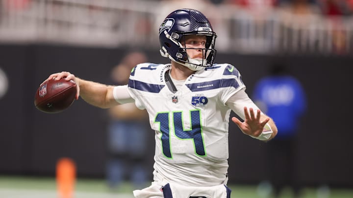 Seattle Seahawks quarterback Sam Darnold throws a pass against the Atlanta Falcons Seattle Seahawks quarterback Sam Darnold throws a pass against the Atlanta Falcons