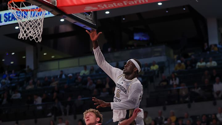 Dec 16, 2025; Atlanta, Georgia, USA; Georgia Tech Yellow Jackets center Mouhamed Sylla (6) shoots against the Marist Red Foxes in the first half at McCamish Pavilion. Mandatory Credit: Brett Davis-Imagn Images