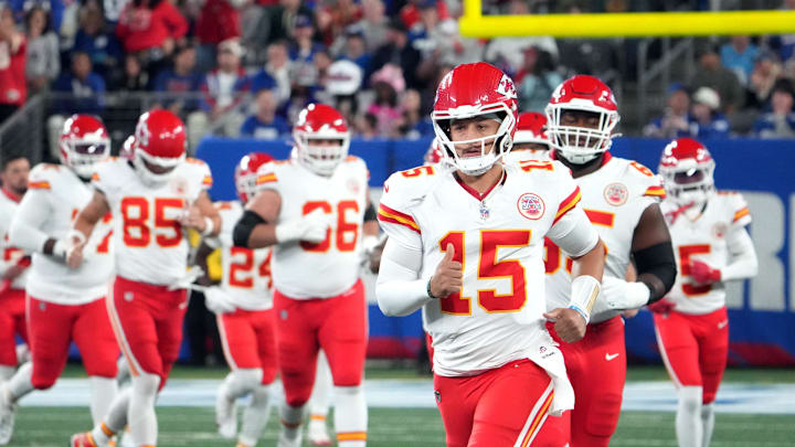 Sep 21, 2025; East Rutherford, New Jersey, USA; Kansas City Chiefs quarterback Patrick Mahomes (15) runs on field before the game against the New York Giants at MetLife Stadium. Mandatory Credit: Robert Deutsch-Imagn Images