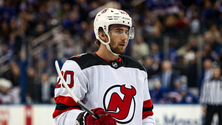 Apr 29, 2023; New York, New York, USA; New Jersey Devils center Michael McLeod (20) during the first period against the New York Rangers in game six of the first round of the 2023 Stanley Cup Playoffs at Madison Square Garden. Mandatory Credit: Danny Wild-USA TODAY Sports Apr 29, 2023; New York, New York, USA; New Jersey Devils center Michael McLeod (20) during the first period against the New York Rangers in game six of the first round of the 2023 Stanley Cup Playoffs at Madison Square Garden. Mandatory Credit: Danny Wild-USA TODAY Sports
