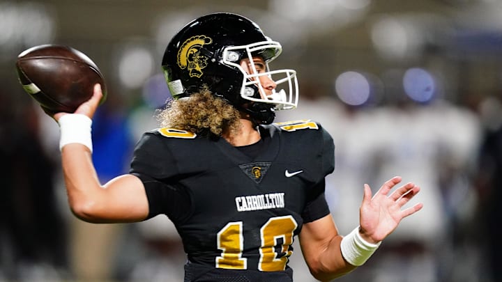 Oct 20, 2023; Carrollton, GA, USA; Carrollton Trojans quarterback Julian Lewis, a five-star prospect in the 2024 college football recruiting class, is heading to the Elite 11 Finals.