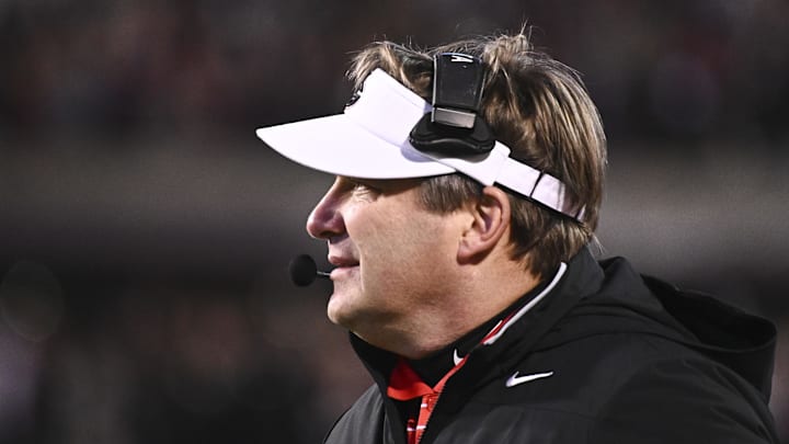 Nov 12, 2022; Starkville, Mississippi, USA; Georgia Bulldogs head coach Kirby Smart looks onto the field during the first quarter against the Mississippi State Bulldogs at Davis Wade Stadium at Scott Field. Mandatory Credit: Matt Bush-Imagn Images Nov 12, 2022; Starkville, Mississippi, USA; Georgia Bulldogs head coach Kirby Smart looks onto the field during the first quarter against the Mississippi State Bulldogs at Davis Wade Stadium at Scott Field. Mandatory Credit: Matt Bush-Imagn Images