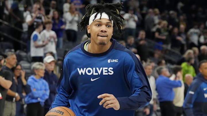 Mar 14, 2025; Minneapolis, Minnesota, USA; Minnesota Timberwolves guard Terrence Shannon Jr. (00) prepares to play the Orlando Magic at Target Center. Mandatory Credit: Bruce Kluckhohn-Imagn Images